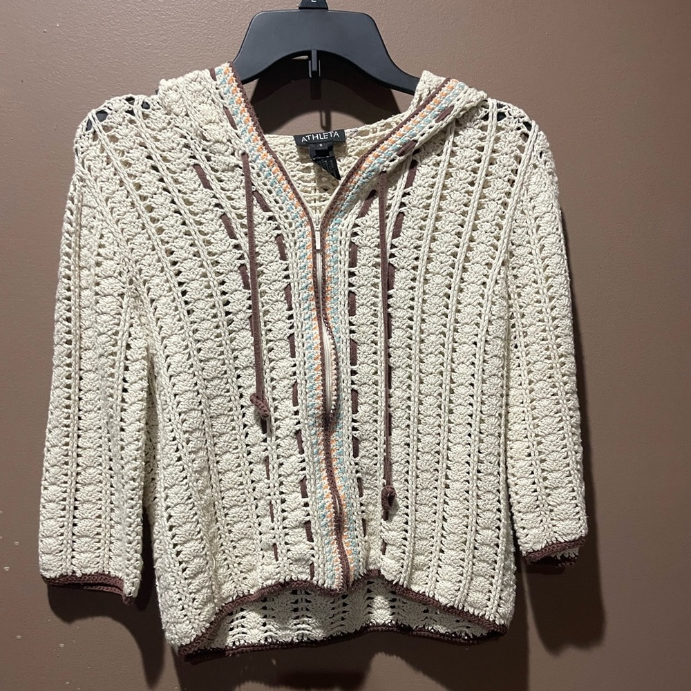 Athleta Women’s Boho Cropped Crocheted Jacket Small Hooded Zipper